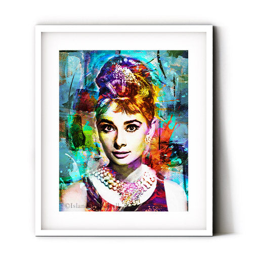 Audrey Hepburn wall art. Classic movie actress Helpburn art print. Hollywood pop art. Hepburn with blue colors displayed in a white frame.