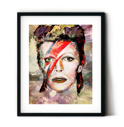 Bowie art print. Bowie wall art with a space ziggy vibe.