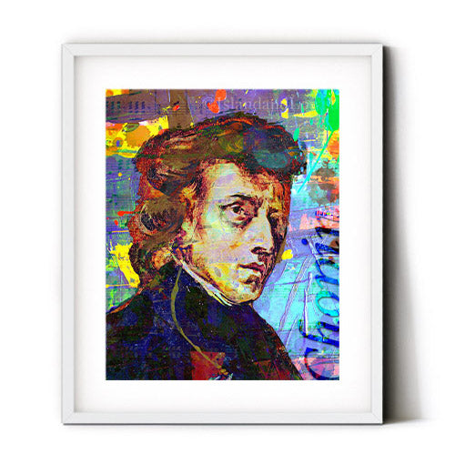 Chopin wall art. Frederic Francois Chopin art print. Music composer Chopin art print inside a white mat and white frame displayed on a music room wall.