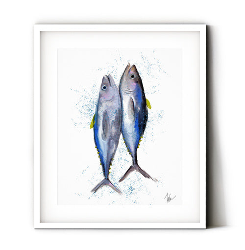 Tuna art print for your kitchen decor. Perfect wall art for the seafood lovers modern kitchen. Tuna wall art to decorate with an ocean inspired theme. Receive a high-quality reproduction from our original tuna artwork printed onto your choice of paper or a ready-to-hang canvas.