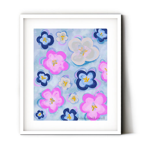 Blues and pinks wall art. Perfect combination to brighten up your home office, bedroom or kitchen walls. Also makes a great addition to your childs bedroom decor. Big bold flowers in blue and pink make such a sweet touch to a baby nursery as well. Add some color to a minimal space with these pop art inspired flowers. Receive a high-quality reproduction from our original blue and pink flowers artwork printed onto your choice of paper or a ready-to-hang canvas.