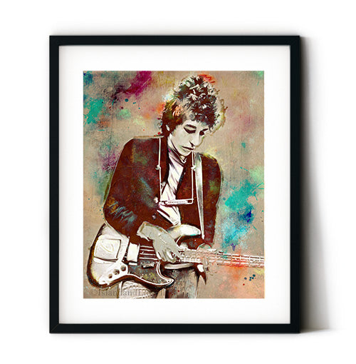 Bob Dylan art print. Dylan wall art displayed in a white mat and black frame. Folk style design with a rock and roll vibe. Bob Dylan art.