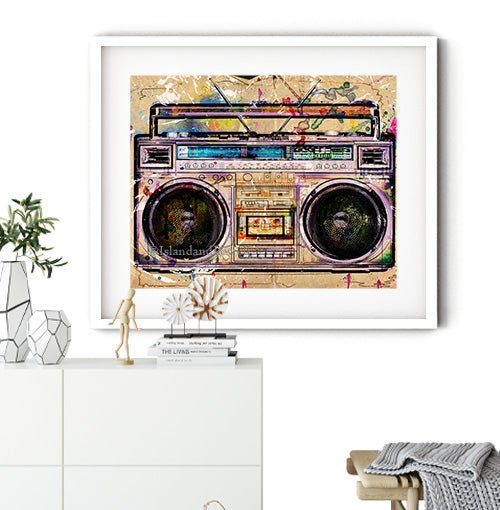 Boombox wall art. Great addition to any music lover's art collection. A nostalgic print taking you back to the 1980s music scene. Receive a high-quality reproduction from our original boombox artwork printed onto your choice of paper or a ready-to-hang canvas.
