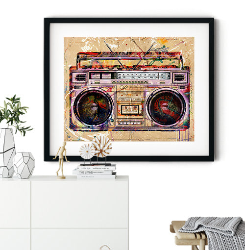 Boombox wall art. Great addition to any music lover's art collection. A nostalgic print taking you back to the 1980s music scene. Receive a high-quality reproduction from our original boombox radio artwork printed onto your choice of paper or a ready-to-hang canvas.