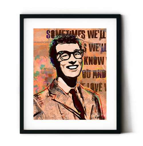 Buddy Holly art print. 1950s music decor. Music of the 50s wall art. Buddy Holly wall art featuring a portrait of Buddy Holly with song lyrics.