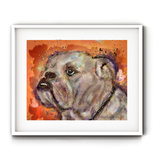 Bulldog wall art. Just so loveable, this bulldog wall art will be the greatest gift for any bulldog owner. Vibrant portrait of a bulldog. Receive a high-quality reproduction from our original bulldog artwork printed onto your choice of paper or a ready-to-hang canvas.