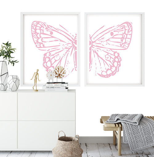 Pink butterfly wings set of 2 art prints. Butterfly wall art pink wings. Girls pink bedroom butterfly wall art. Set of 2 butterfly wings art.