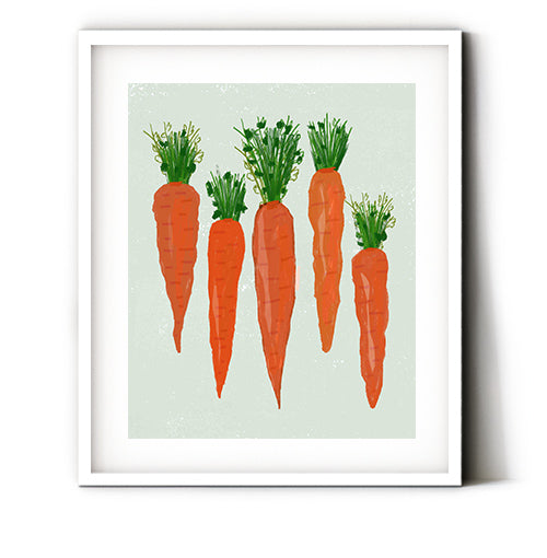 Bunch of carrots art print for kitchen decor. Orange carrot illustrated print. They look ready to munch on. Cute print for a modern kicthen or veggie lovers' space. Receive a high-quality reproduction from our original carrots kitchen artwork printed onto your choice of paper or a ready-to-hang canvas.