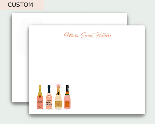 Personalized note cards for lovers of pink delights. Do you have that friend who is bright like glitter and bubbly like champagne? Create that perfect gift by adding any name to these beautiful flat custom note cards. Our artistic illustrations enhance your cards for that elegant touch.
