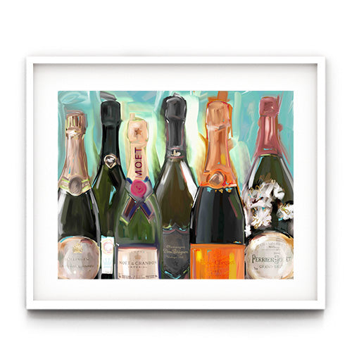 Champagne wall art. Champagne bottles art print. Bar cart decor.