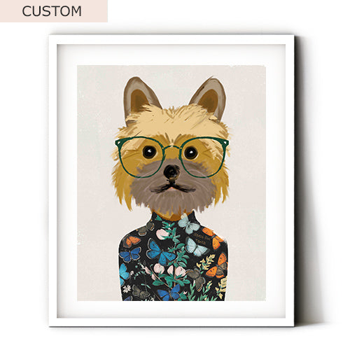 Yorkie dog wearing eyeglasses art print. Funny wall decor for your child optician business or kids optometry office. Let Dr. Bark bring a smile to your patients. You can even brand the artwork with your business name or doctor name on the upper right portion of the dog's shirt. Just leave a note in the 'Special Instructions' box when you view your cart and we'll send over a mockup of how it will look.