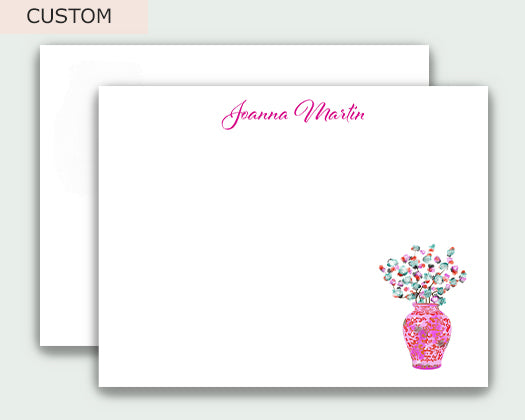 A set of personalized note cards, perfect desktop stationery. Add your name or create a unique gift with these beautiful flat note cards. Our artistic illustration of a pink choiserie vase with blossoms enhance your cards for that elegant touch. Once you view your cart, use the 'Special Instructions" box to add a name, any additional text such as "From The Desk Of," "A Note From," or any special requests you have.  If you have any questions, feel free to contact us, so we can truly make it perfect for you!