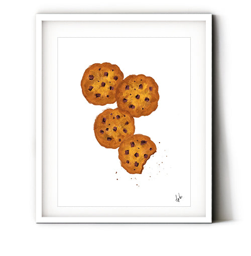 Chocolate chip cookie art print. Delicious little design for your kitchen. These cookies look so tasty, you'll want to grab some milk and start eating. Fun way to liven up your kitchen walls. Who doesn't love chocolate chip cookies? Receive a high-quality reproduction from our original chocolate chip cookies wall artwork printed onto your choice of paper or a ready-to-hang canvas.