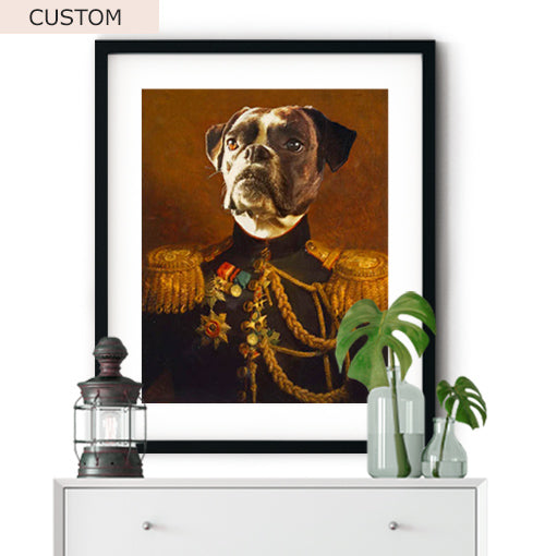 Custom pet portrait featuring your dog or cat on the body of a Renaissance royal. Heartwarming and hilarious all at the same time. Quick and easy process: Just choose your size and material options and then email us a few good pet images you think will work best.