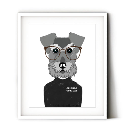 Dog wearing eyeglasses art print. Wall art for children optometry business. Funny decor for optician.