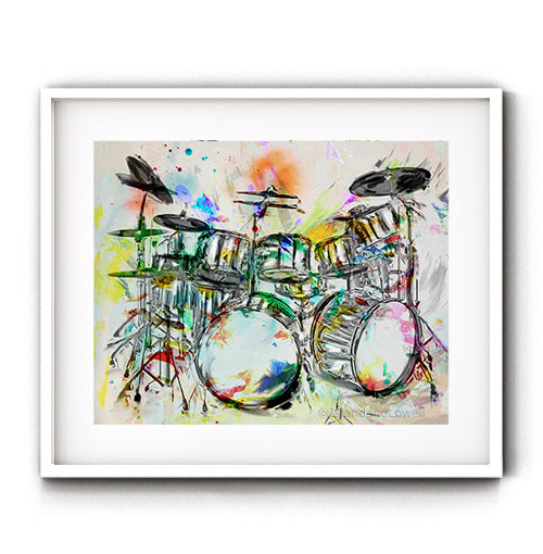 Drummer art print. Awesome set of drums to decorate your space. Perfect to display in your music room, living room or bedroom. Receive a high-quality reproduction from our original drummer artwork printed onto your choice of paper or a ready-to-hang canvas.