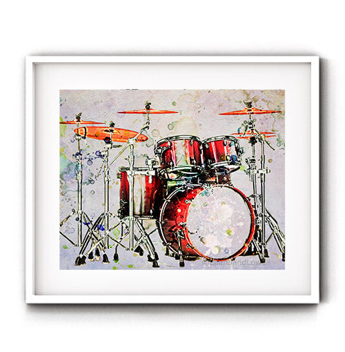 Drum set wall art. Music prints for family music room. Drummer wall art. Red drum set on gray brackground.
