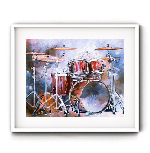 Drum walls art. Red drum set on blue background. Wall art for drummers.