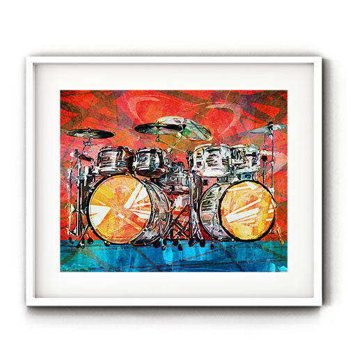 And the beat goes on. Drummer art print. Awesome set of drums to decorate your space. Perfect to display in your music room, living room or bedroom. Receive a high-quality reproduction from our original drummer artwork printed onto your choice of paper or a ready-to-hang canvas.