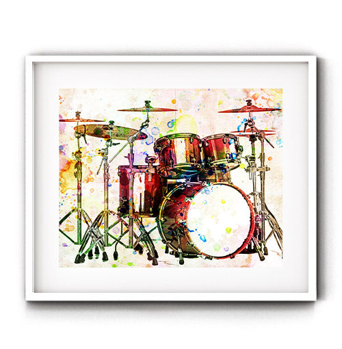 Drums in watercolor art style. Cool drummer art print. Awesome set of drums to decorate your space. Perfect to display in your music room, living room or bedroom. Receive a high-quality reproduction from our original drummer artwork printed onto your choice of paper or a ready-to-hang canvas.