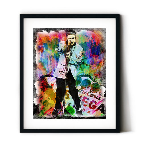 Elvis wall art. Las Vegas art print featuring Elvis singing and dancing. Vegas sign with Elvis art. Art for a game room. Music room wall art posters.