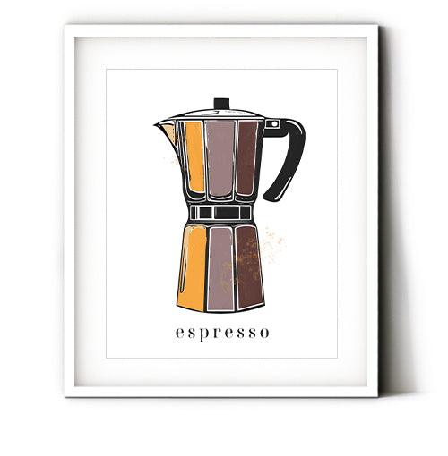 Espresso art print as kitchen decor. Wake up to this espresso wall art, perfect for that espresso coffee lover. A retro style espresso machine ready to pour. Just grab a cup. Receive a high-quality reproduction from our original espresso maker artwork printed onto your choice of paper or a ready-to-hang canvas.