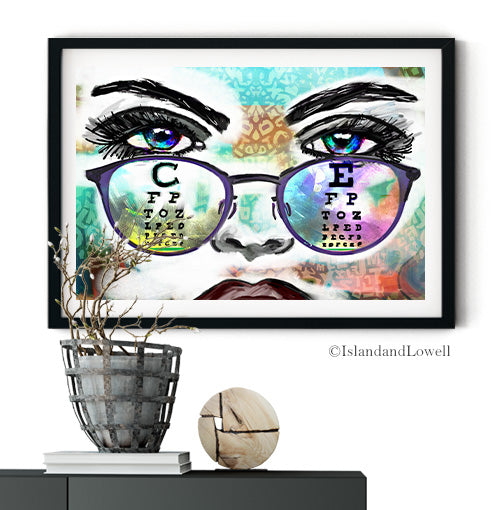 Eye chart wall art. Eyes with eyeglasses and the eye chart in the eyeglasses art prints. Optician office art. Eyeglass store decor.
