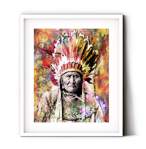 Geronimo art print. Leader and medicine man from the Apache tribe, this Geronimo portrait will make quite the statement piece in any room.