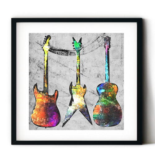 This rock guitar trio adds a cool and contemporary vibe to your music room or play space. Receive a high-quality reproduction from our original rock guitars artwork printed onto your choice of lustre paper, a ready-to-hang canvas or framed print.
