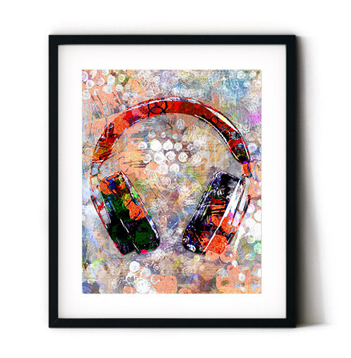 Music headphones wall art. Rock those walls with this headphone set perfect for the music lovers bedroom or office decor. Makes the perfect statement piece in your living space. Receive a high-quality reproduction from our original music headphones artwork printed onto your choice of paper or a ready-to-hang canvas.