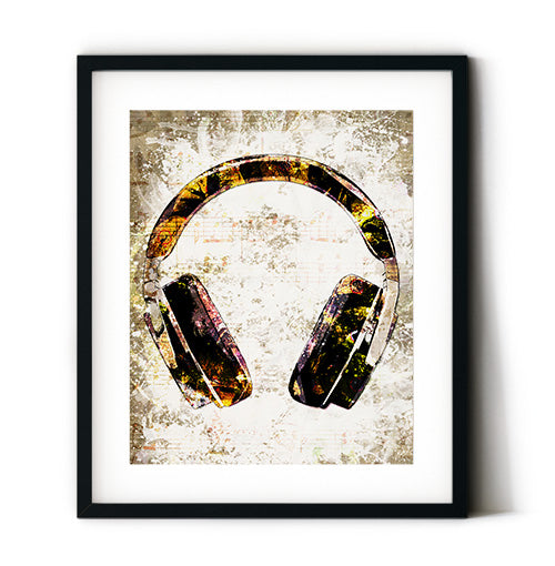 Music headphones wall art for living room. Large wall art for living room music. Headphones art prints.