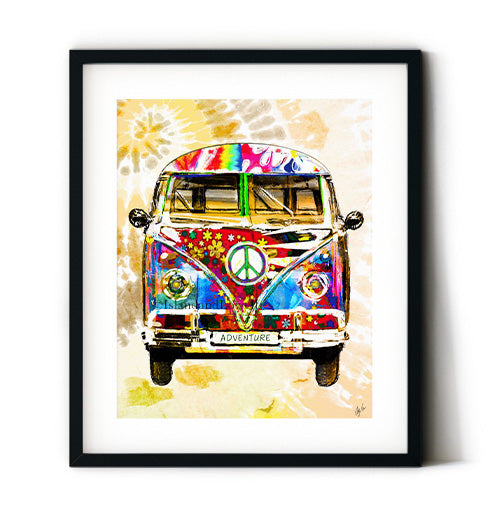 Hippie van tie dye art print. Hippie bus boho chic wall art. A 1960s hippie camper with tie dye colors. Boho print framed in a thin black frame.