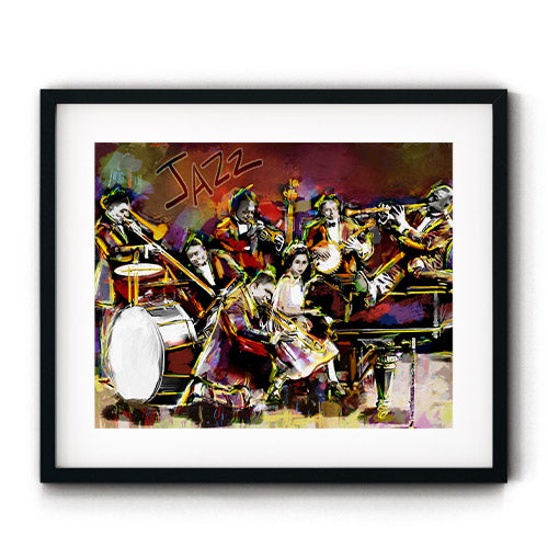 Jazz band art print. You can feel the rythym in this energetic wall art featuring jazz musicians playing their instruments. Receive a high-quality reproduction from our original jazz music artwork printed onto your choice of paper or a ready-to-hang canvas.