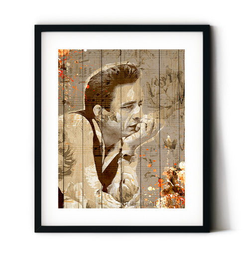 Johnny Cash wall art. Country music star Johnny Cash art print. Country music art framed on the wall of a guitar room.