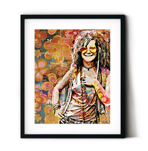 Janis Joplin wall art. Hippie style art print featuring an art portrait of Janis Joplin. Boho wall art displayed in a white mat and black frame.
