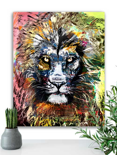 Lion portrait wall art. Proudly display this lion wall art in your home office or living room. Exotic wildlife art decor.