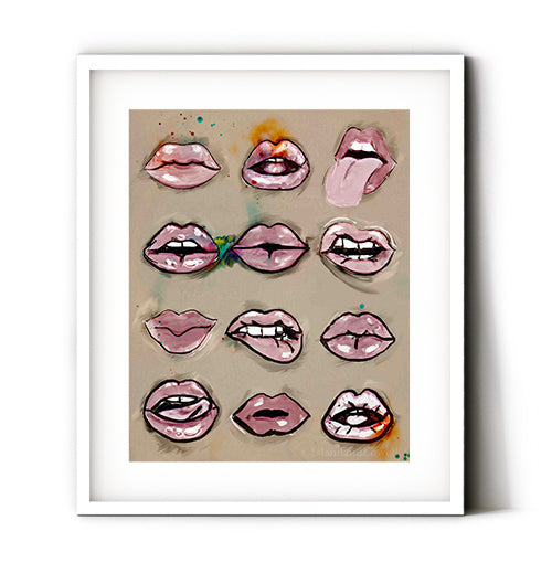 Lips wall art. Modern lips art for your contemporary decor. Multiple pink lips showing off in this fun energetic print. Receive a high-quality reproduction from our original Joplin artwork printed onto your choice of paper or a ready-to-hang canvas.