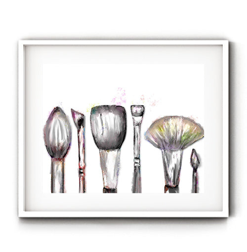 Makeup artist wall art. Decorative print featuring makeup brushes for a cosmetologist or makeup blogger. Receive a high-quality reproduction from our original makeup brushes artwork printed onto your choice of paper or a ready-to-hang canvas.