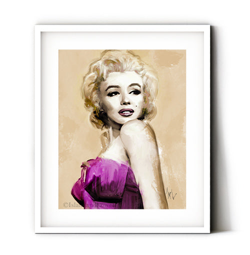 Marilyn Monroe art print. Hollywood actress wall art. Pop culture wall art displayed in a white frame. 