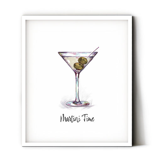 Martini art print for your bar cart. Liven up your home cocktail station with a decorative art print. Elevate your bar cart with art displayed in a simple white or black mat. Receive a high-quality reproduction from our original avocado artwork printed onto your choice of paper or a ready-to-hang canvas.