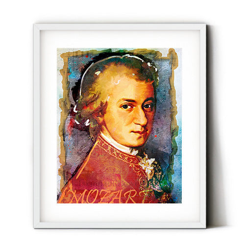 Mozart wall art. Classical music art prints featuring Wolfgang Mozart. Mozart art displayed in a white mat and white frame on the wall of a piano room. 