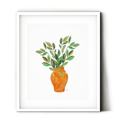 A bright orange vase with beautiful leaves wall art. A decorative art print featuring a pretty display of nature. Perfect design to summer up your home office decor or bedroom walls. Receive a high-quality reproduction from our original hippie bus tie dye artwork printed onto your choice of paper or a ready-to-hang canvas.