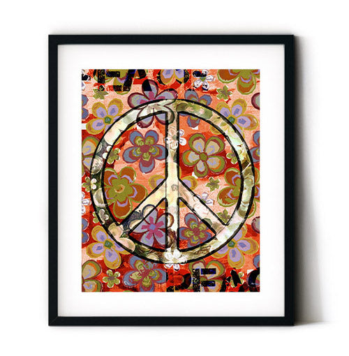 Hippie wall art featuring a peace sign with a bohemian color palette. Hippie art print displayed inside a white mat and black frame.