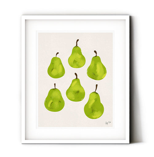 Juicy pears art print for your kitchen decor. Perfect wall art for the fruit lovers modern kitchen. Green pears wall art to decorate with an ocean inspired theme. Receive a high-quality reproduction from our original pear fruit artwork printed onto your choice of paper or a ready-to-hang canvas.