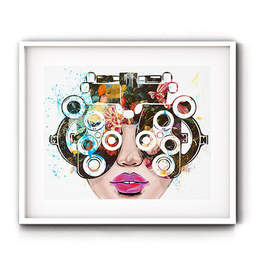 Phoropter wall art. Eye-catching artwork for your eye exam room or vision center patient lobby. A perfect vision. Receive a high-quality reproduction from our original phoropter artwork printed onto your choice of paper or a ready-to-hang canvas.