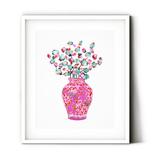 A pink chinoiserie vase with beautiful pink and mint flowers wall art. A decorative art print featuring a pretty display of nature. Perfect design to summer up your home office decor or bedroom walls. Receive a high-quality reproduction from our original hippie bus tie dye artwork printed onto your choice of paper or a ready-to-hang canvas.
