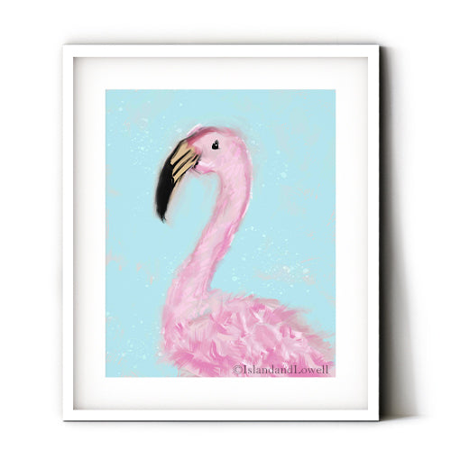 Pink flamingo bird wall art. Cute print for a childs pink and blue themed bedroom or beach inspired bathroom. Pretty pink bird to liven up your walls making you feel like you're near the ocean. This pink flamingo art print has the right balance of bright colors to fit into any contemporary decor. Receive a high-quality reproduction from our original pink flamingo artwork printed onto your choice of paper or a ready-to-hang canvas.