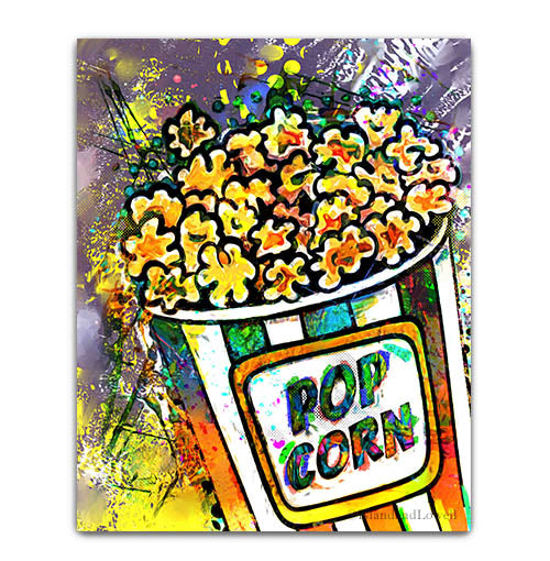 Home movie room wall art. Popcorn art prints for home movie theater. Movie buff gift of art. 