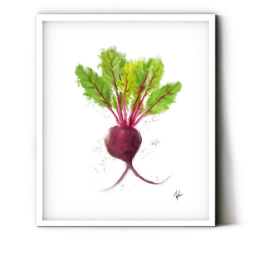 Beet vegetable print. Fun kitchen wall art featuring a very important veggie. A simple beet wall art print. Vibrant magenta and green to liven up your kitchen decor. Receive a high-quality reproduction from our original beetroot artwork printed onto your choice of paper or a ready-to-hang canvas.