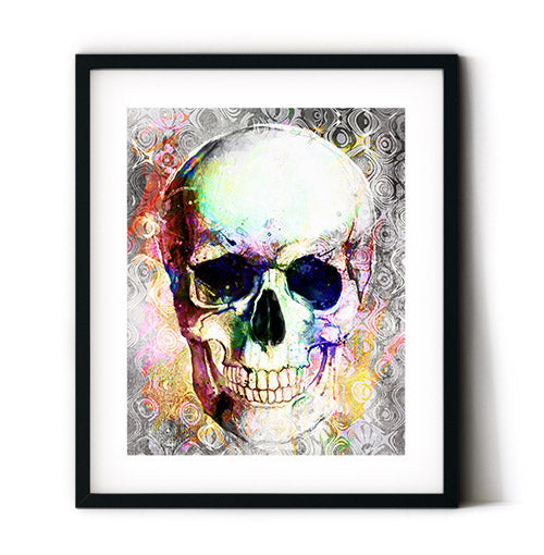 Contemporary wall art featuring a large skull. Skull art prints. Watercolor skull on gray background. Day of the Dead skull art. Large living room poster.